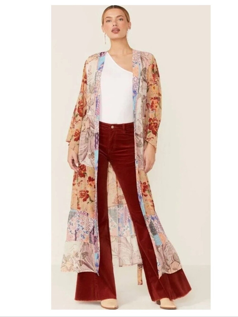 LaBiz M Floral Patchwork Sheer Duster Kimono Tie Waist Bell Sl Whimsical Boho